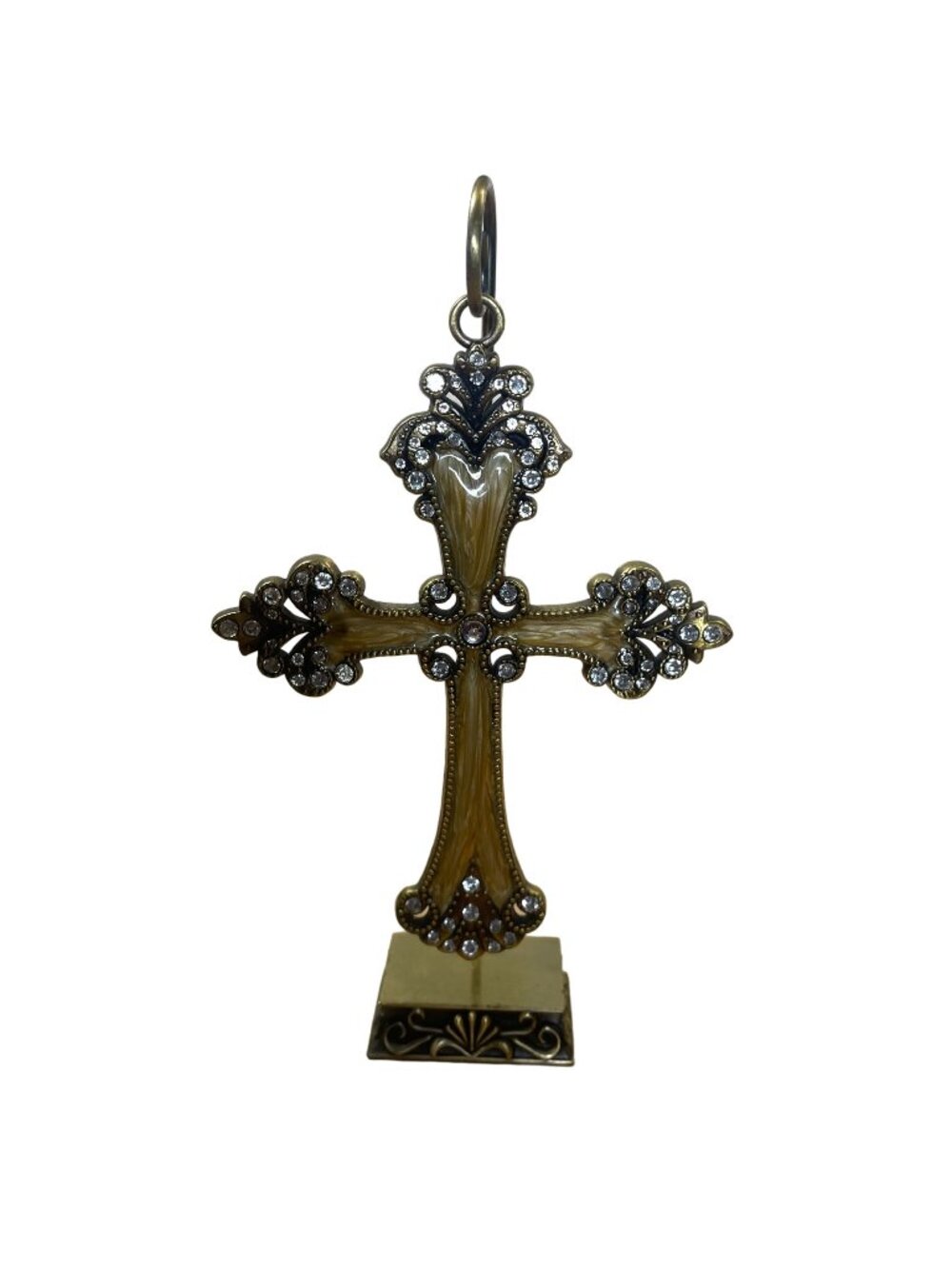 Hanging Gold Enamel Cross on Brass Stand with Rhinestones Religious Crucifix